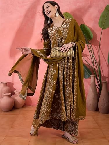 AVYUKTHA Silkkurta Palazzo & Dupatta Set For Womens | Regular Fit | 3/4 Sleeve | V Neck | Printed Embroidery | Lightweight & Comfortable | Ethenic Dress | Ideal For Weddings & Parties | M | Mustard