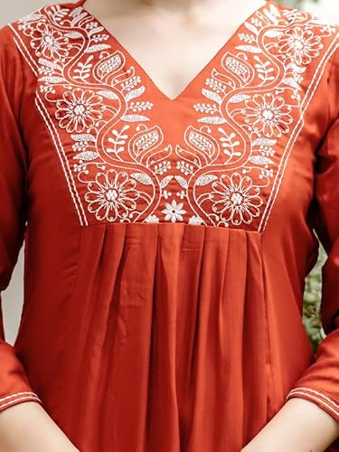 AVYUKTHA | Women Ethnic Motifs Embroidered Kurta with Trors & Dupatta | Traditional Thread Work Kurta Set for Festive & Daily | Orange | Size- S