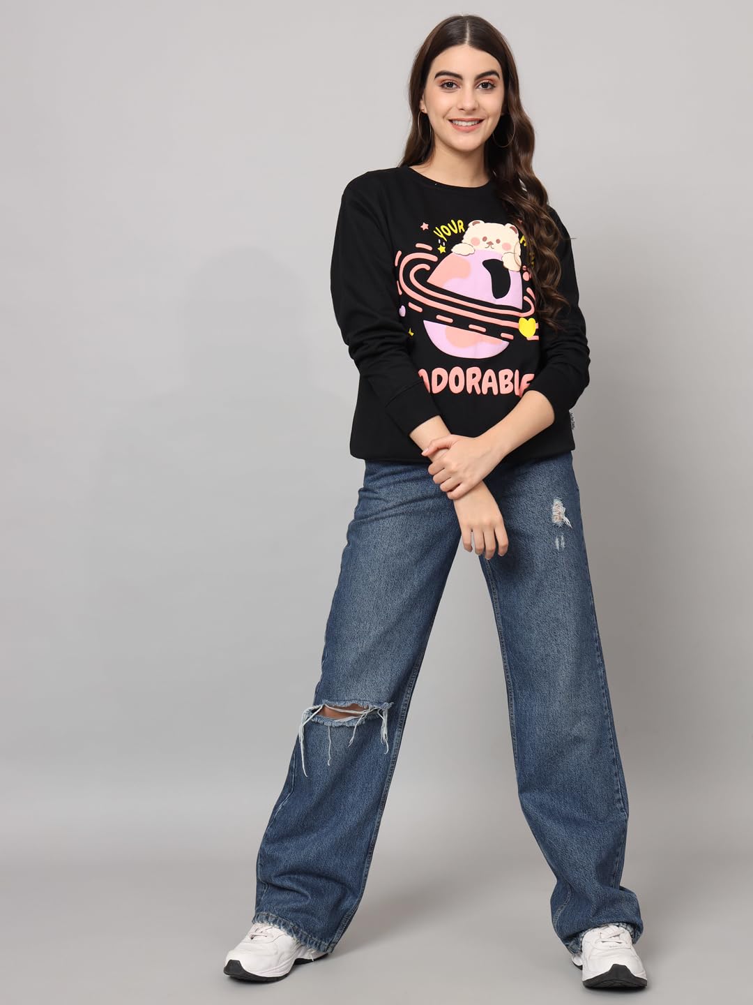THE DRY STATE Womens Full Sleeves Round Neck Cotton Sweater Black