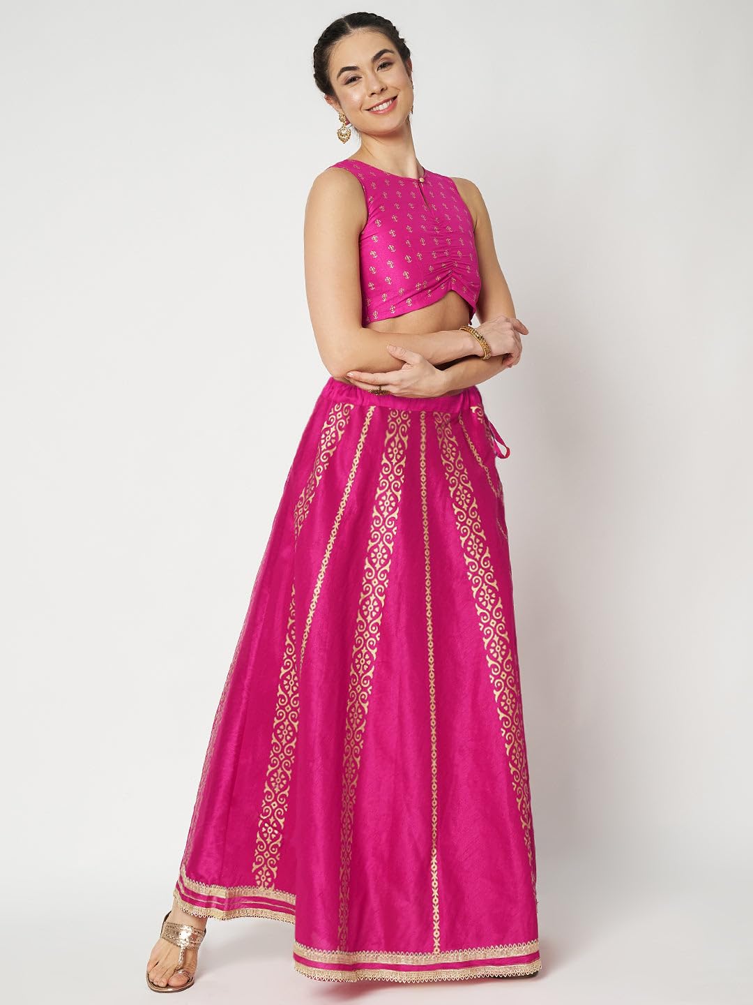 studio rasa Women's Dupion Hand Block Printed Embellished Bias Skirt for Wedding Festive Party (SKTC52412_Pink_X-Large)