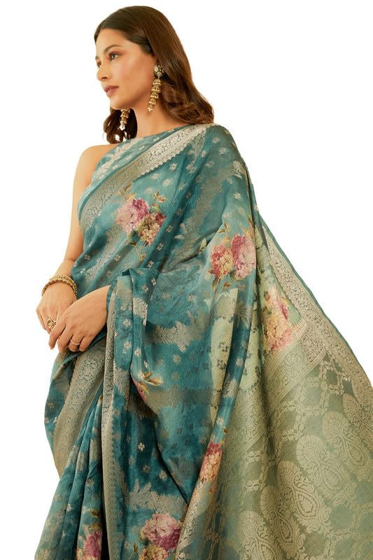 Soch Womens Teal Floral Print Chanderi Jacquard Saree