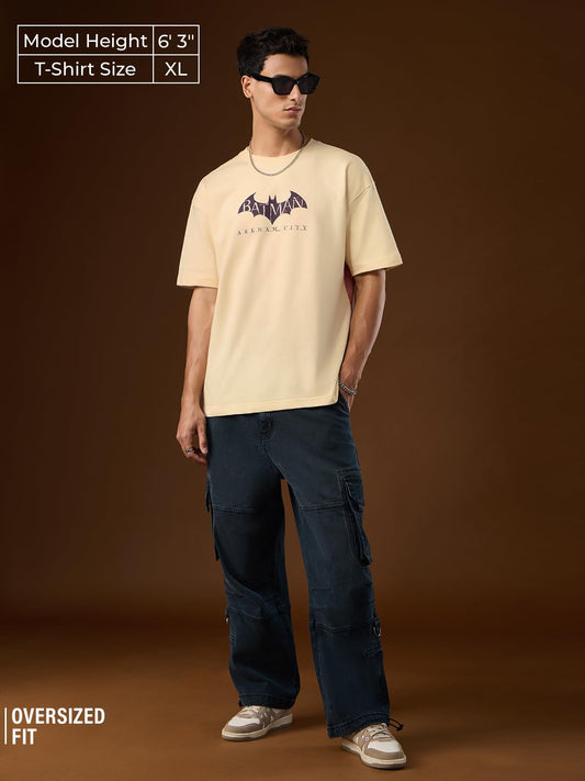 The Souled Store Batman: City of Arkham Men and Boys Short Sleeves Round Neck Beige Graphic Printed Cotton Oversized T-Shirts