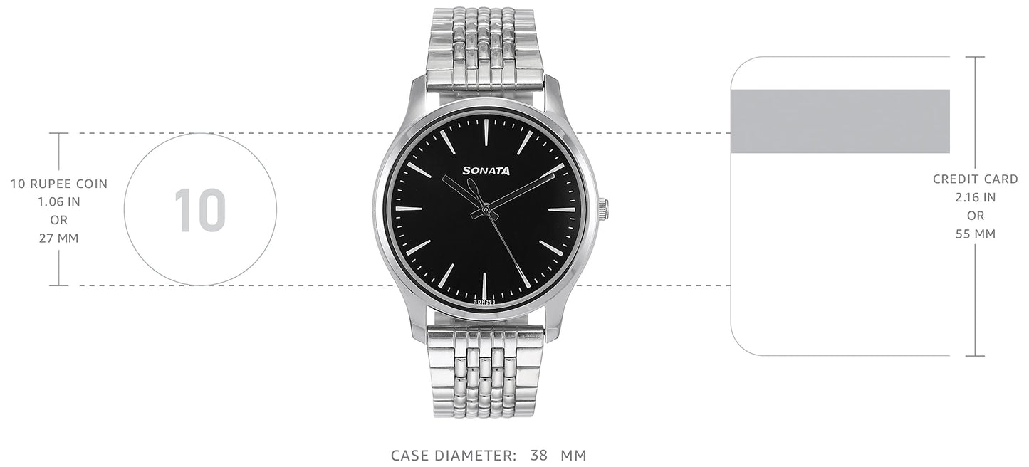 Sonata Essentials Quartz Analog Black Dial Silver Stainless Steel Strap Watch for Men - NS77082SM01