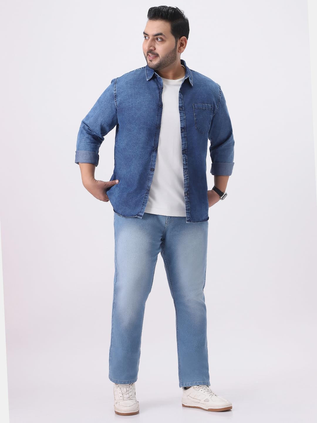 Urbano Plus Men's Blue Regular Fit Full Sleeve Washed Denim Shirt (plusshirtdentowlp-02-mblue-4xl)
