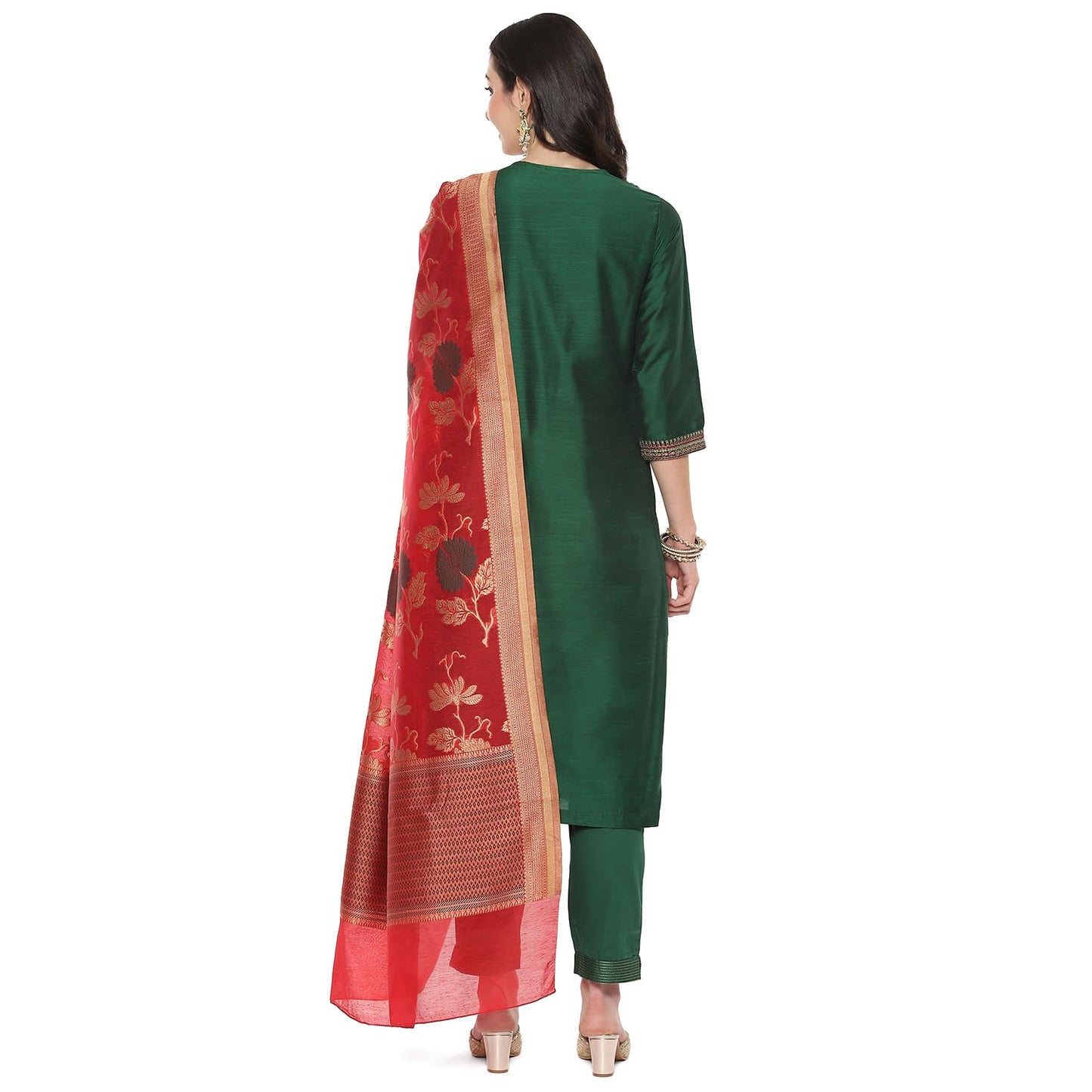 BIBA Cotton Blend Women Embroidery Straight Salwar Kurta Dupatta(Skdbanarasi8852_Green/Red_36)