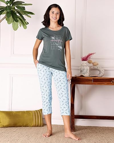 BODYCARE Women's Cotton Printed T-Shirt and Capri Set | Soft & Breathable Nightwear | Short Sleeves | Loungewear Co-Ord Set| BSCS16044_100 Multicolour