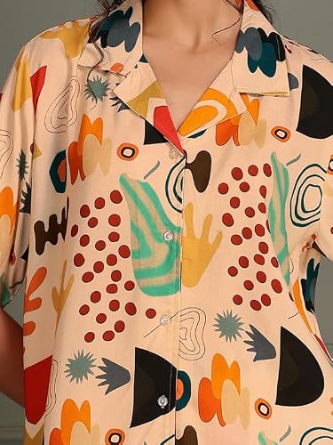 TITTLI Women Digital Printed Nightsuit | Shirt and Pyjama Co-Ord Set | Short Sleeve Sleepwear | Comfortable Nightwear with Pockets | Comfort in Travel | L | XL | XXL Cream