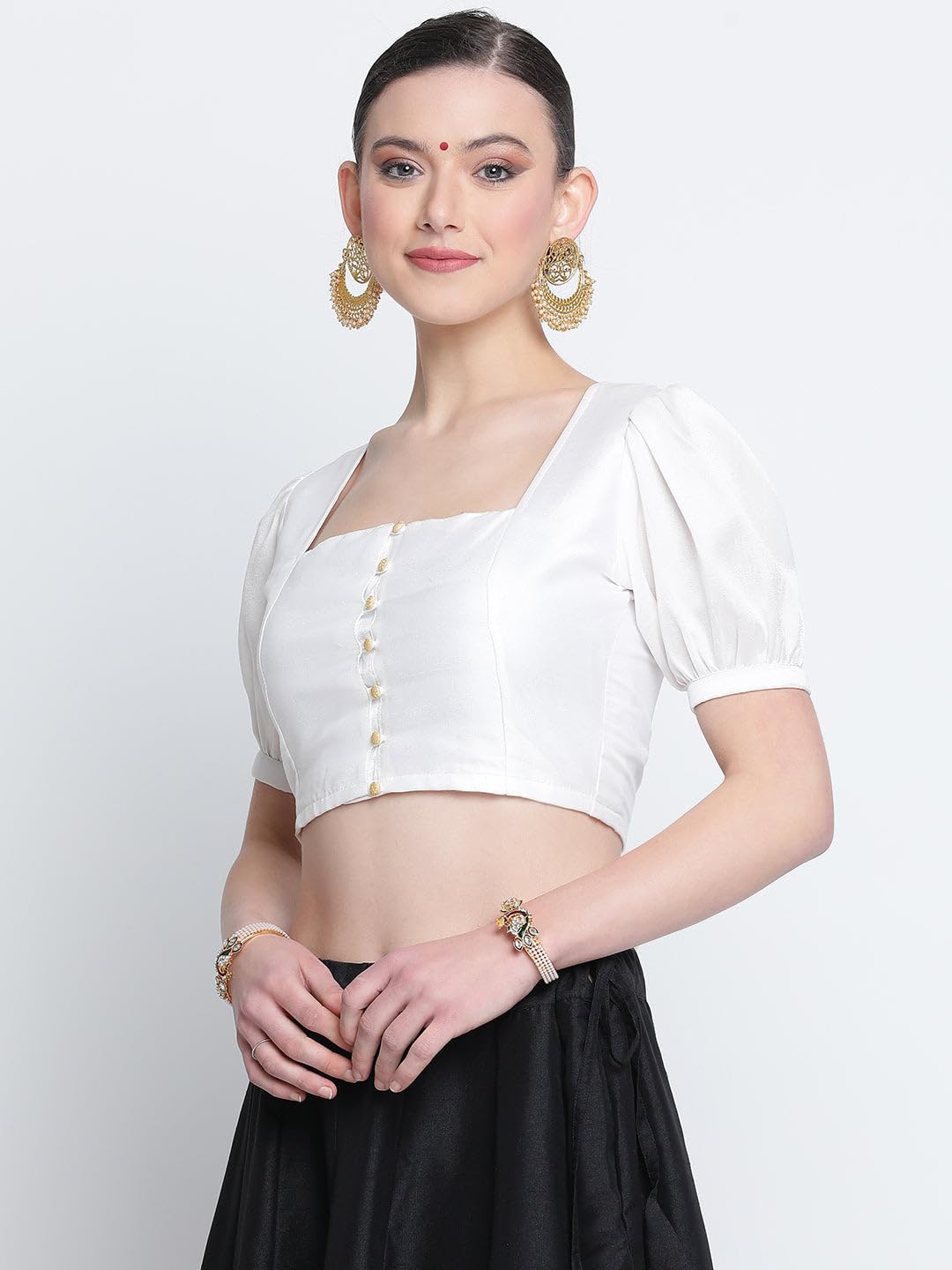 studio rasa Women's Silk Blend Button Down Readymade Saree Blouse for Wedding Festive Party (TPWC224BL13L_Large_White)