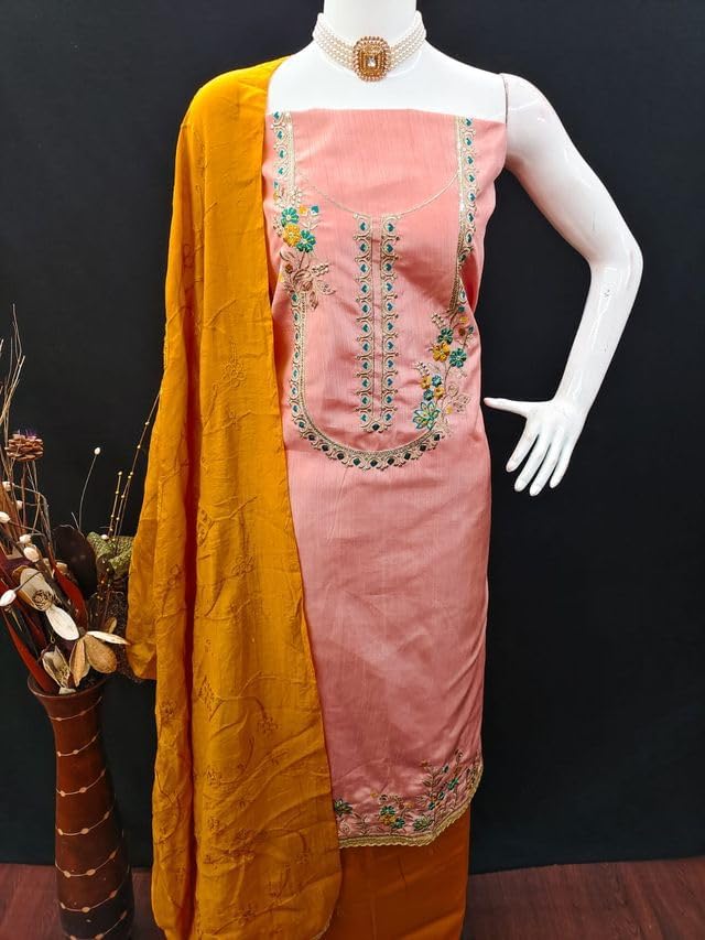 VARNI FABRICS Coco Silk Dress Material for Women Embroidered Unstitched Woman Salwar Suit Dress Material With Cotton Dupatta Paech Pink