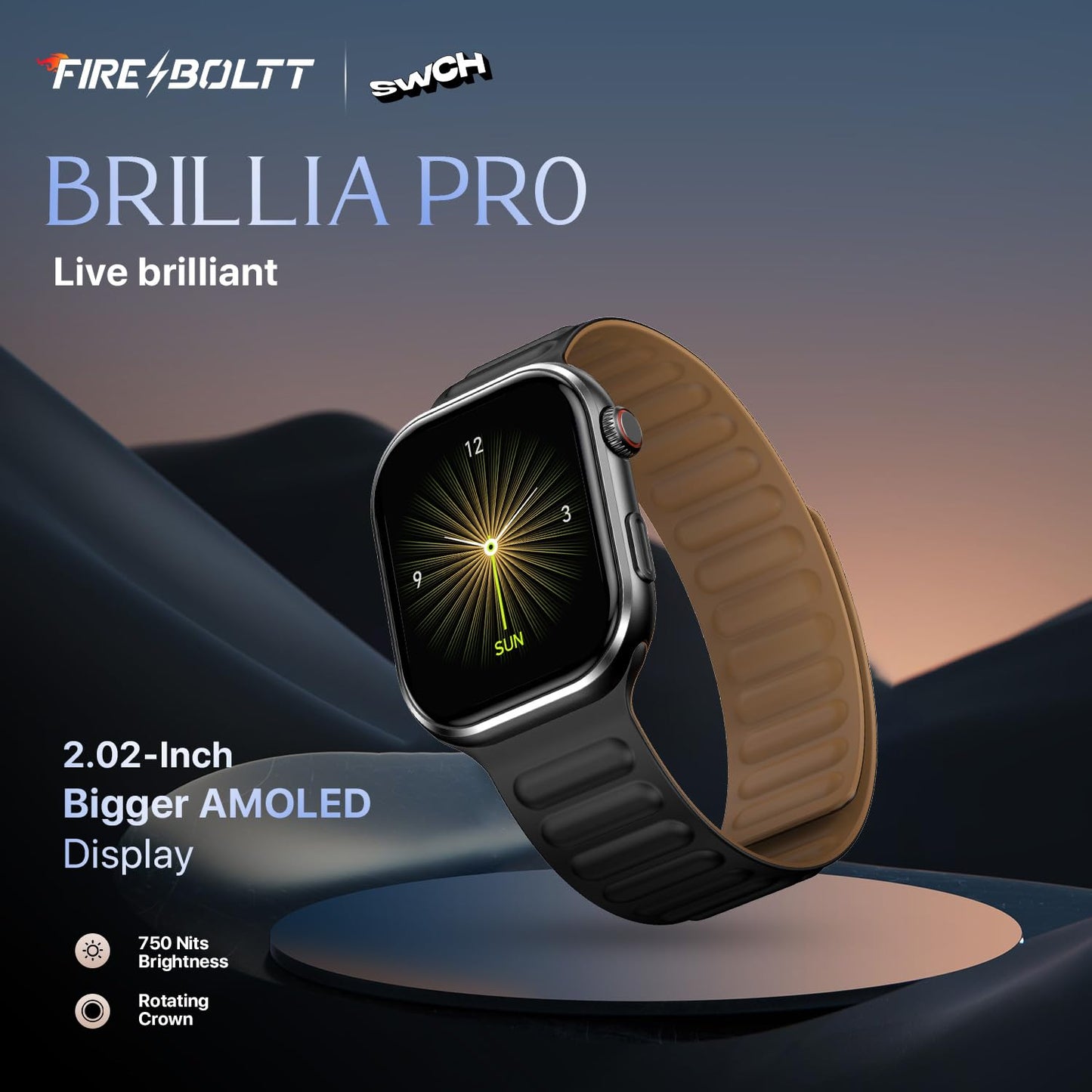 Fire-Boltt Brillia Pro Smart Watch with 51.3mm (2.02 inch) AMOLED Display, Bluetooth Calling, SpO2, Heart Rate Monitoring, 120+ Sports Modes, IP67 Waterproof, Long Battery Life (Black Mag)
