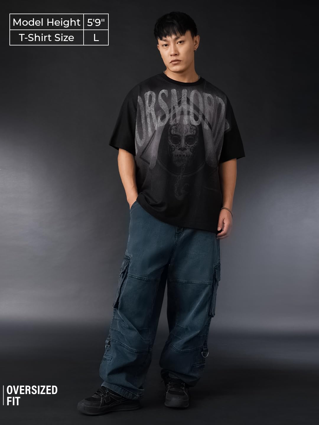 The Souled Store Harry Potter: Dark Arts Men and Boys Short Sleeves Round Neck Black Graphic Printed Cotton Lightweight All-Season Oversized T-Shirt