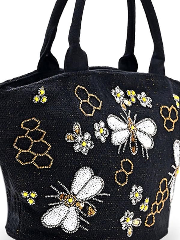 Boho Girl Embellished Butterfly Chirpy Charcoal Tote | Hand Embroidered Bag for Bridal, Casual, Wedding | Shoulder Bags for Women with Long Strap | Handbag for Women