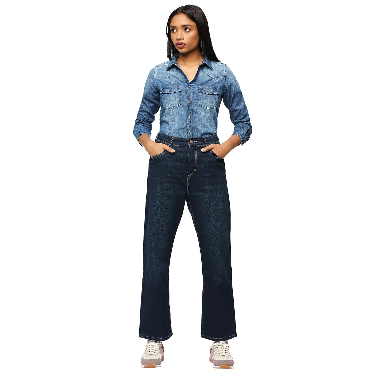 Pepe Jeans Women's Solid Regular Fit Shirt (PL304772CA0_Dark WASH_Mid Indigo Blue