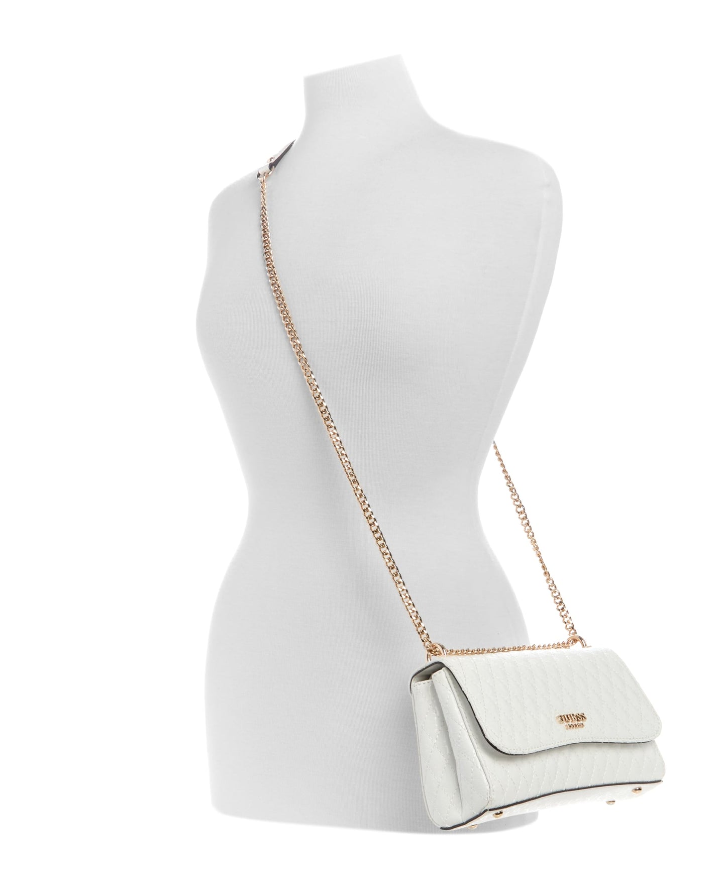 GUESS White Quilted Betula Convertible Flap Crossbody Bag