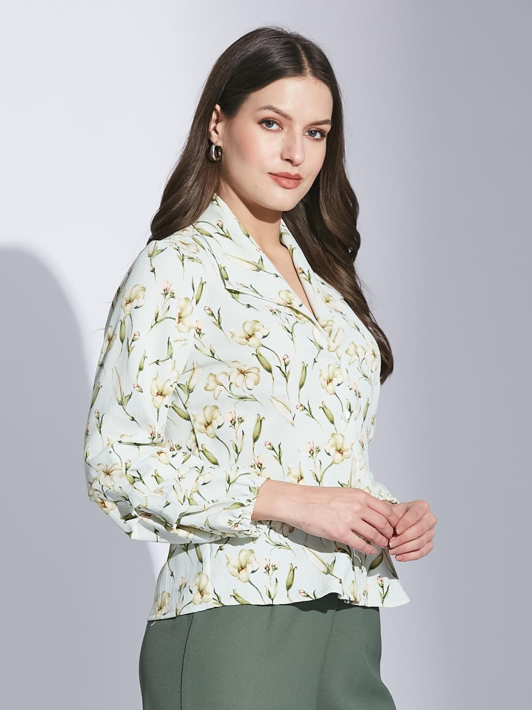 Latin Quarters Women Green Collar Neck 3/4th Sleeve Printed Shirt Blouse_XL