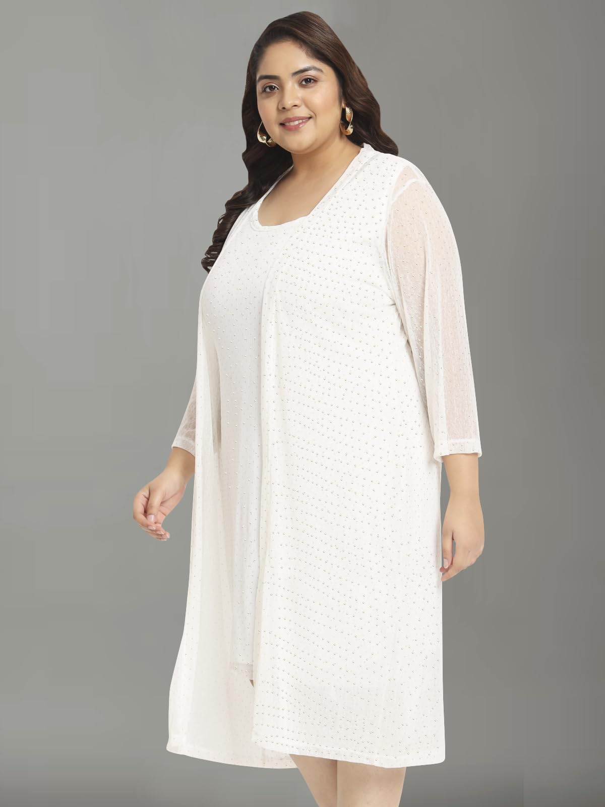 wild U Women Plus Size Two Piece Shrug Dress Set | Knee Length | Sleeve | Shimmer Gold Glitter | (Off White, Size : 5XL)