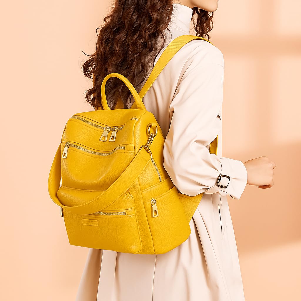 MomsyStore Medium Size Leatherette Backpack Purse for Women and Girls Convertible (YellowL)