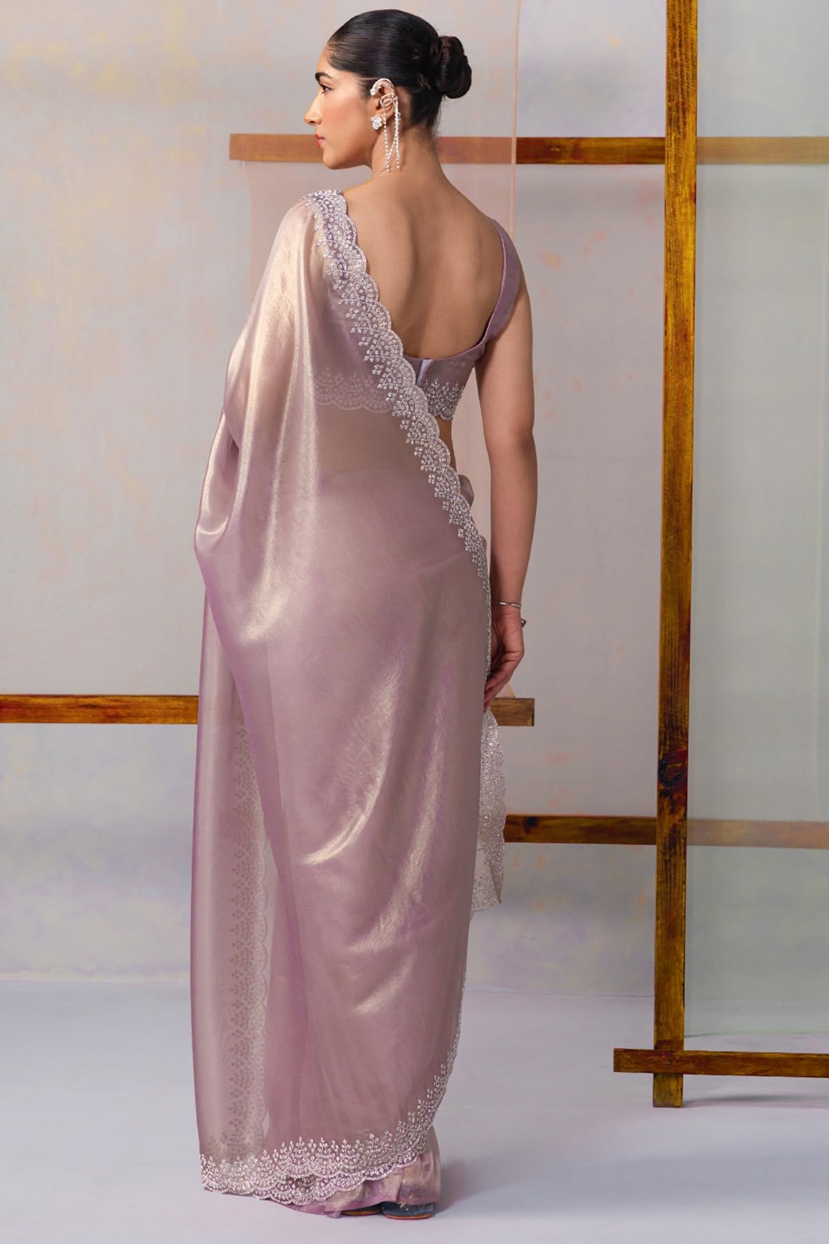 Soch Womens Silver Net Embellished Saree