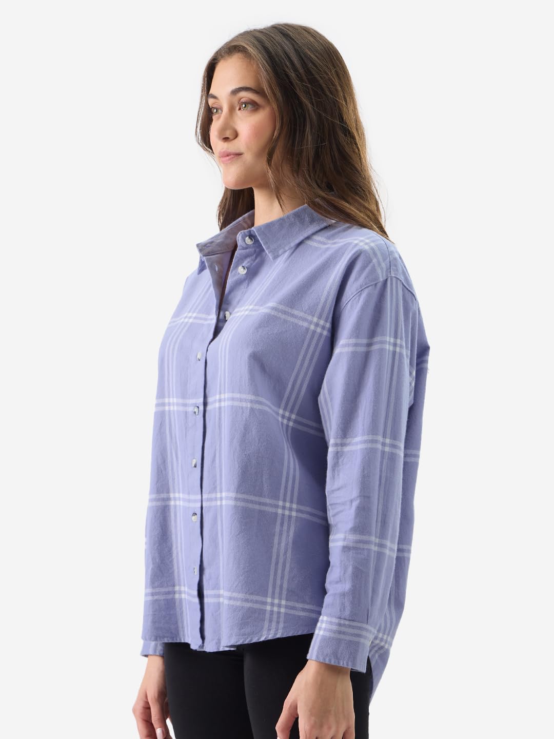 The Souled Store Plaid: Purple and White Women and Girls Button Front Long Sleeve Oversized Fit Boyfriend Shirts Oversized Shirts for Women Boyfriend Drop Shoulder Cotton Casual Half Sleeves Baggy