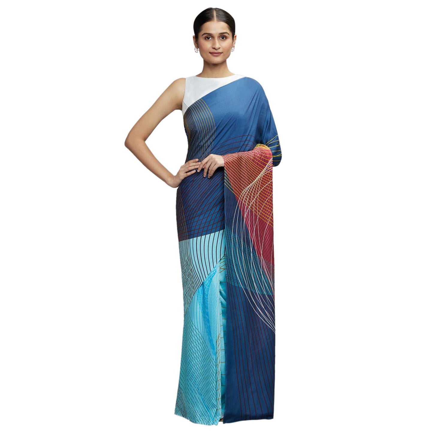 navyasa Dark Blue Liva Organza Geometric Print Saree