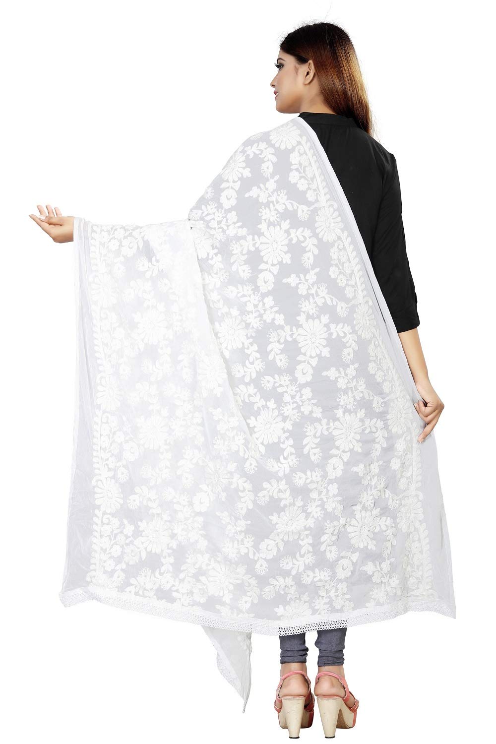 Avni N Anvi Women's White Floral Embroidered Chiffon Dupatta – Lightweight Ethnic Wear Stole/Scarf