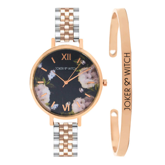 Joker & Witch Stainless Steel Jade Floral Dial Rosegold Analog Watch Bracelet Gift Set For Women, Silver Band