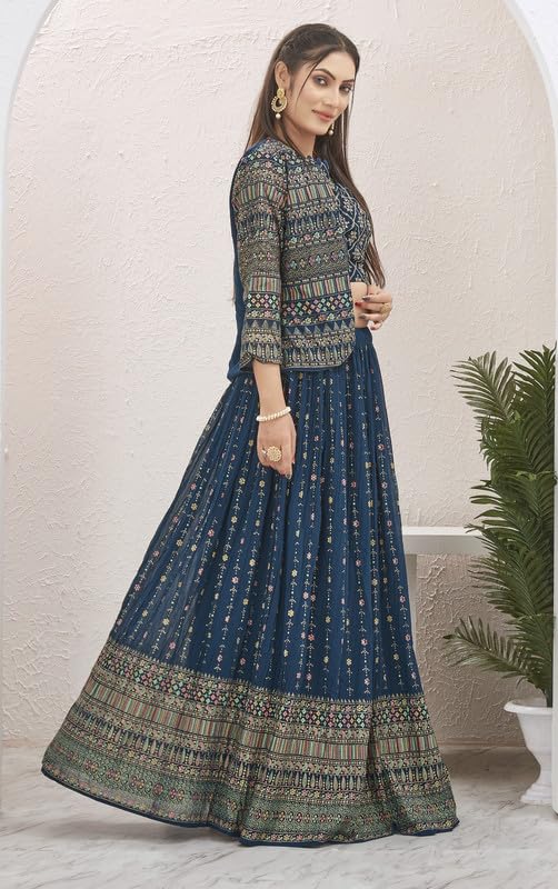 Samprag Georgette Lehenga Choli Set for Womens | 3/4 Sleeve |Round Neck |Ideal for Wedding & Party Occassions | Blue | XL