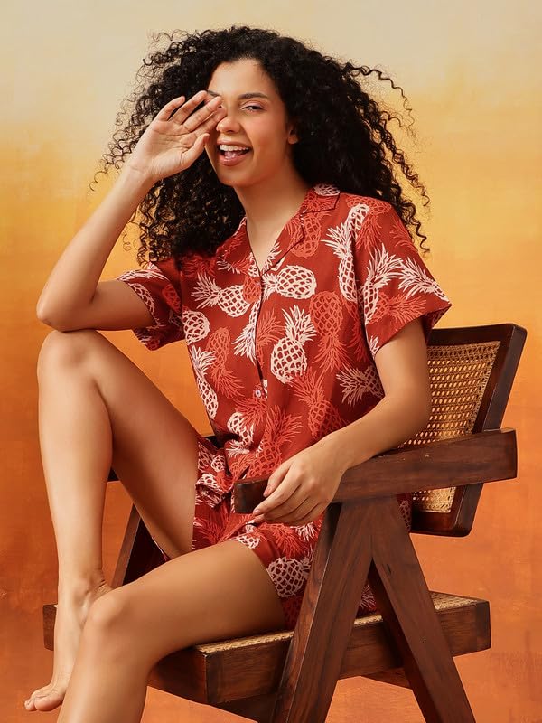 Clovia Women's Rayon Co-ord Nightwear Set – Printed Button-Down Shirt & Shorts | Lounge & Sleep Set