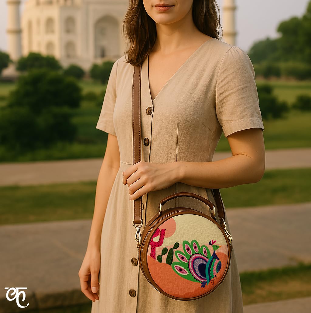 Kalankit Round Sling For Women | Girls Crossbody Bags | Side Bags With Adjustable Strap | Travel Box Sling Bags | Desert Peacock