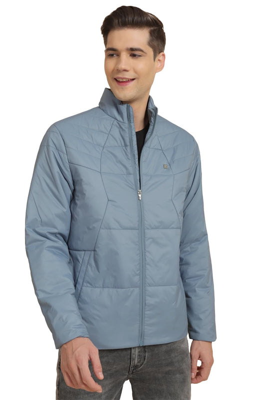 Men Blue Solid Full Sleeves Casual Jacket