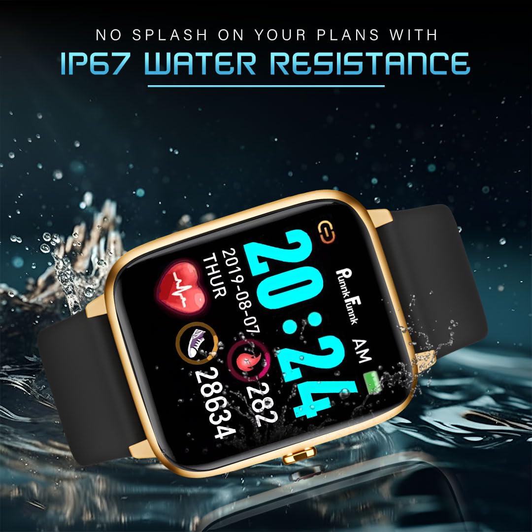 PunnkFunnk NovoLux HD Display Smartwatch for Men & Women | Bluetooth Calling | Heart Rate | Sleep Monitor | 113+ Sports Modes | IP67 Waterproof Smartwatch for Android & iOS - (Gold Dial Black)