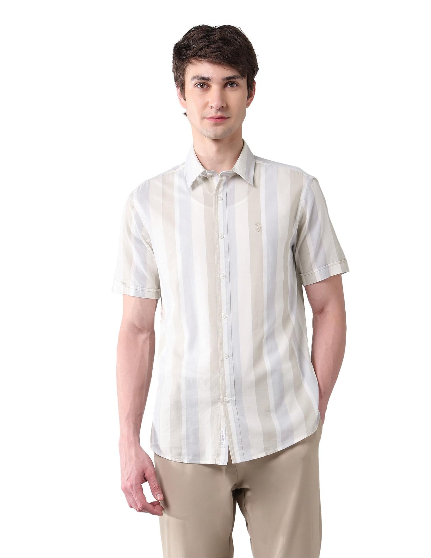 U.S. POLO ASSN. Men's Striped Tailored Fit Shirt (USSHT2582_Ivory