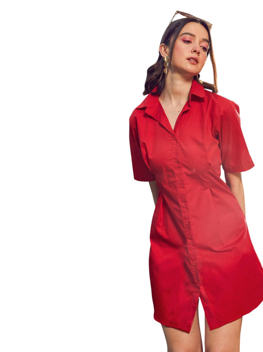 SASSAFRAS Women's Poplin Shirt Dress Above The Knee SFDRSS-V002_Red
