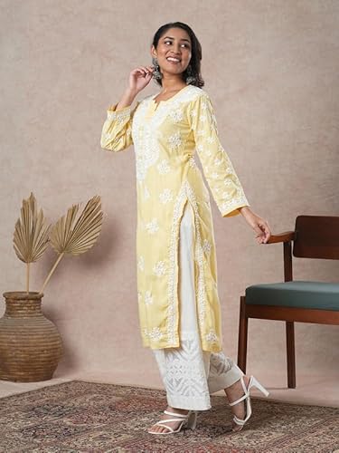 Ada Hand Embroidered Lucknowi Chikankari Cotton Kurta Kurti Tunic for Women A411696 Yellow (4XL)