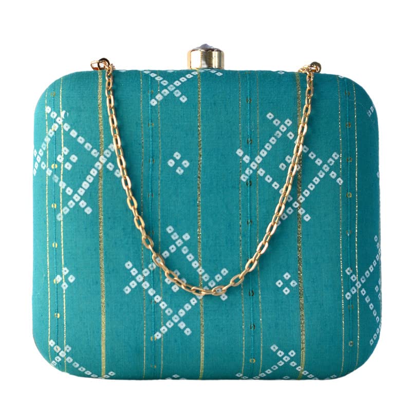 Artklim Blue Box Shaped Clutch With Golden String