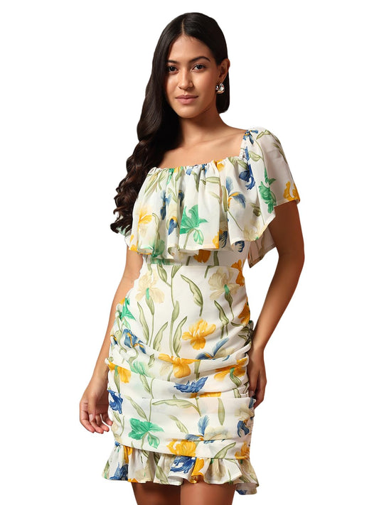 Trend Arrest.ed Women's Floral Ruched Mini Dress | Off-Shoulder Ruffle Neckline | Fully Lined Short Dress | Casual Summer Brunch & Vacation Wear (D5271_Cream 2_L)