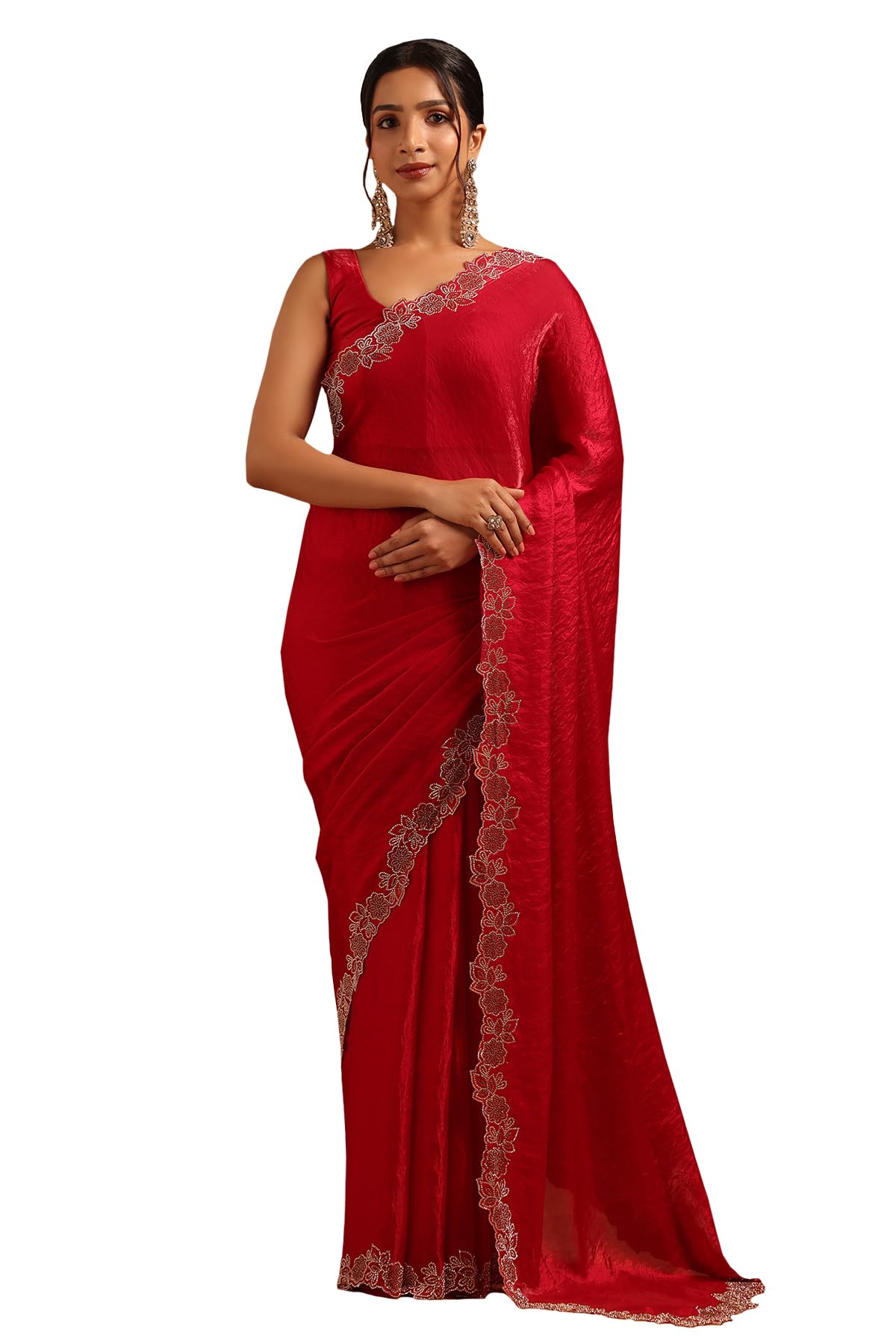 Soch Womens Red Fendy Organza Saree With Stone Work