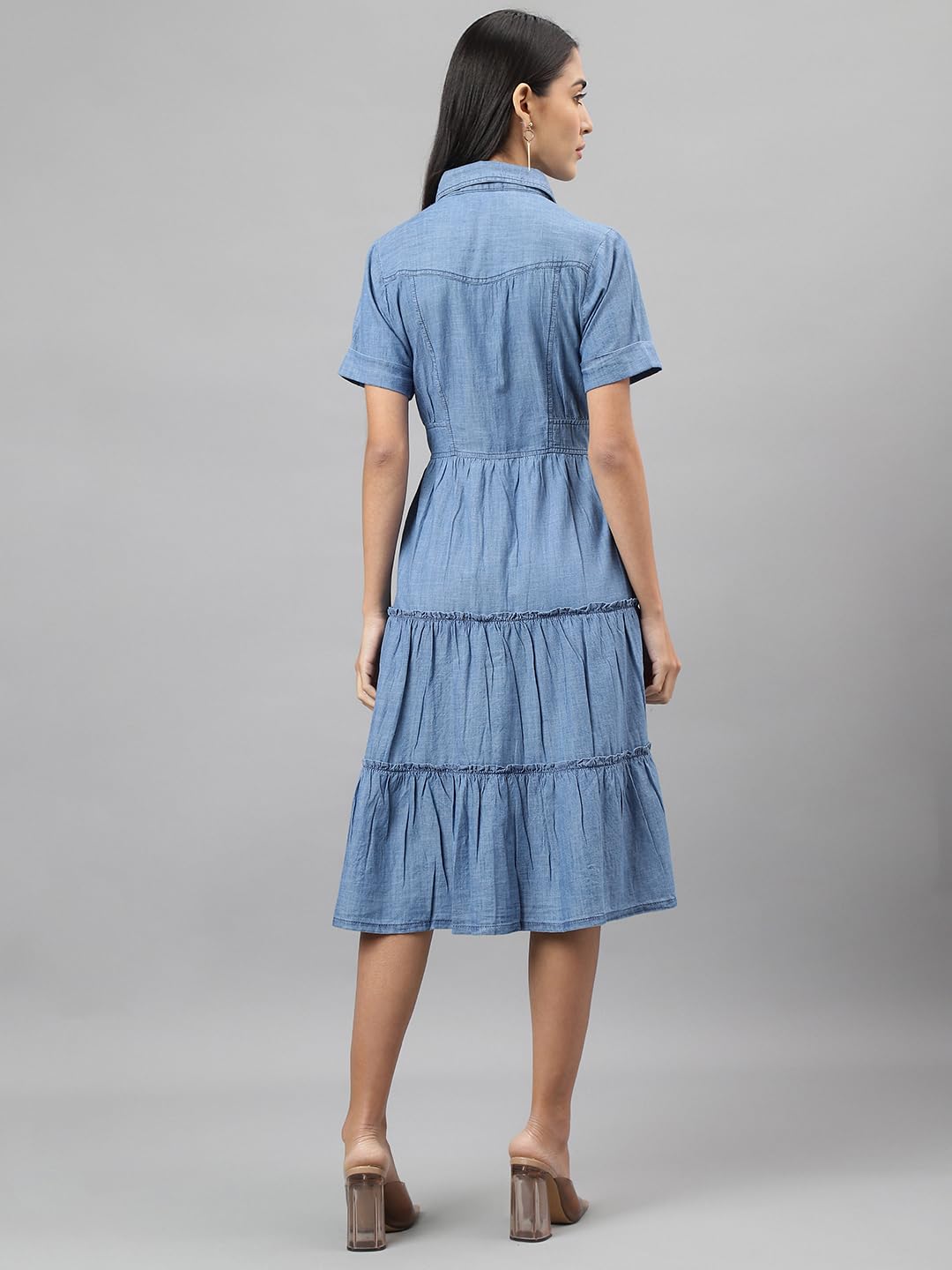 Latin Quarters Women Blue Denim Solid Knee-Length Shirt Dress with Collar Neck Half Sleeves and Button Closure in Cotton Viscose Fabric