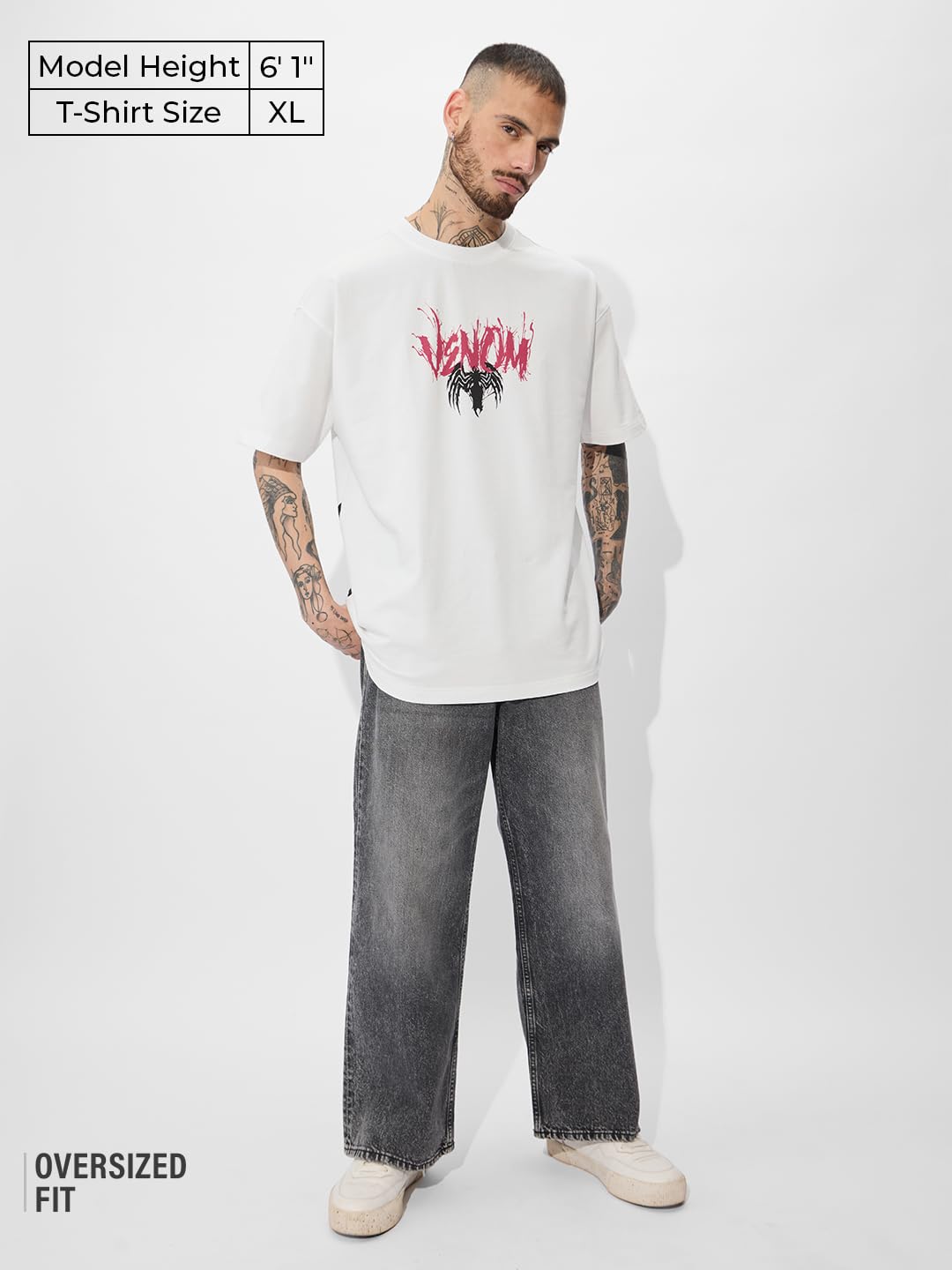 The Souled Store Official Marvel: Eddie Brock Oversized T-Shirt for Men Boys Cotton Casual Half Sleeves Baggy Loose Fit Drop Shoulder Round Neck White