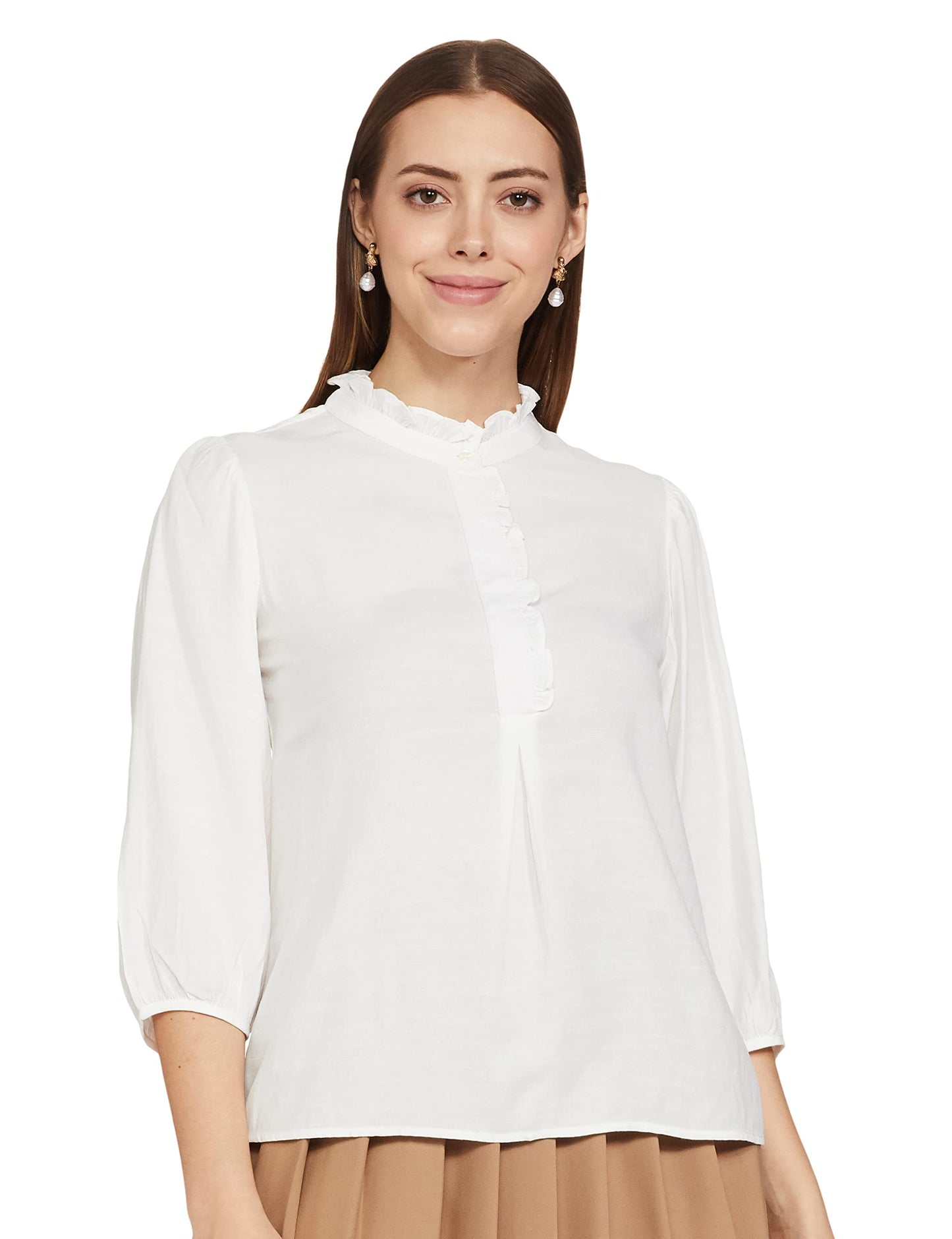 AND Women's Solid Regular Fit Shirt (EE22AB012TTR_Cream S)