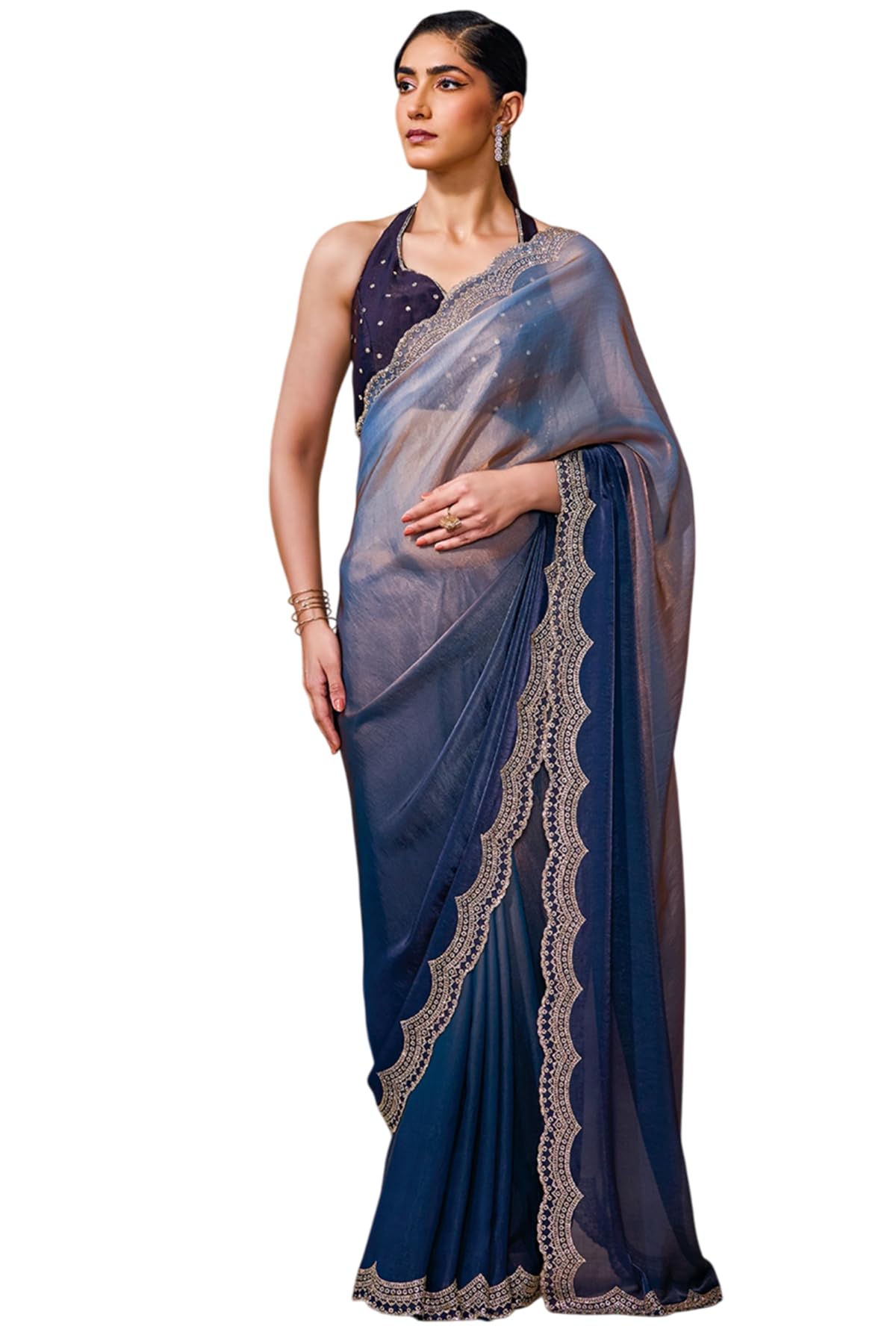 Soch Womens Navy Blue Fendy Satin Ombre Saree With Stone Work