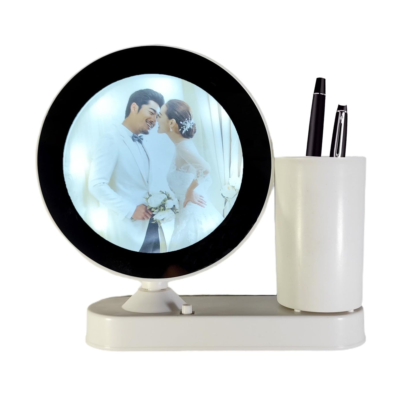 VK VENTURE Plastic Customized Round LED Magic Mirror Photo Frame Tabletop with Pen Stand Personalized LED Light Picture Frame for Desk Gifts (warm white Light Round Shaped) 18 x 18 cm