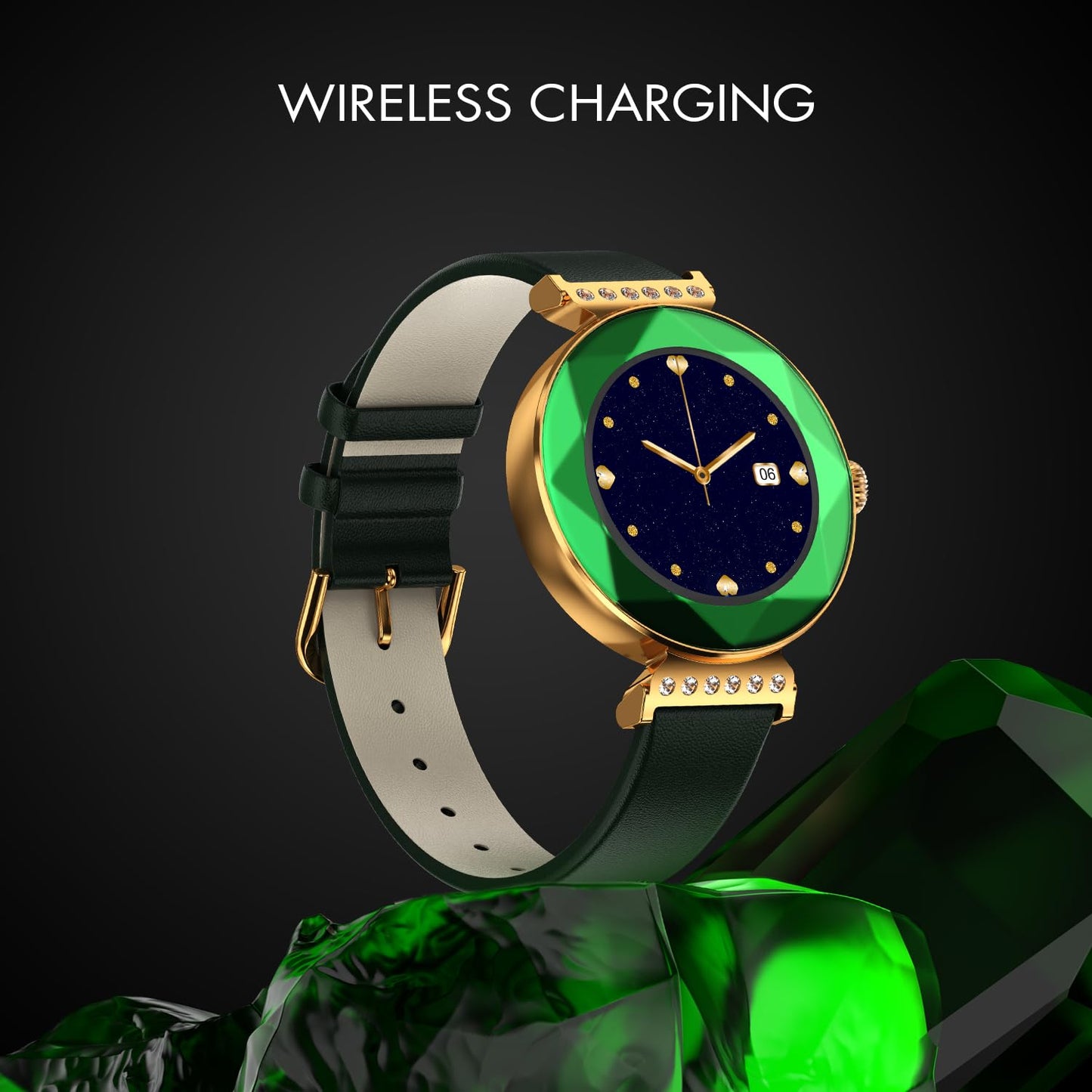 Fire-Boltt Emerald Gemstone-Studded Diamond Cut Smart Watch with 1.09” HD Display, Multiple Sports Modes, Health Suite, Wireless Charging, IP68 with Additional Stainless Steel Strap (Green)