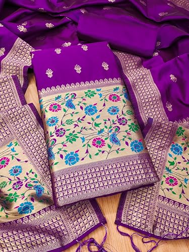 SHANTVAN GALLERY Pure Zari Banarasi Silk Suit Dress Material for Woman Premium Banarasi Dress Materials for Women Unstitched Soft Silk Top Bottom Dupatta Mor Jal Design, Purple