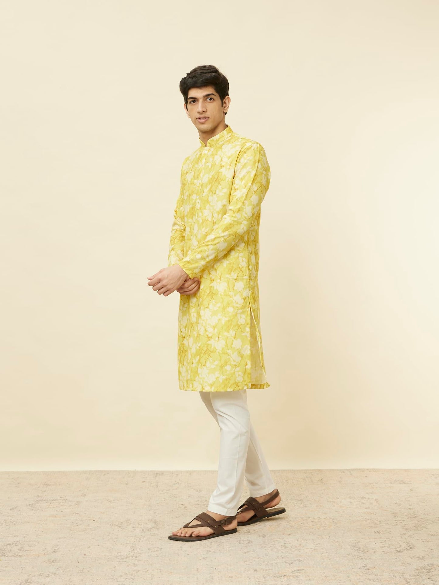 Manyavar Men's Corn Yellow Floral Printed Kurta (M)