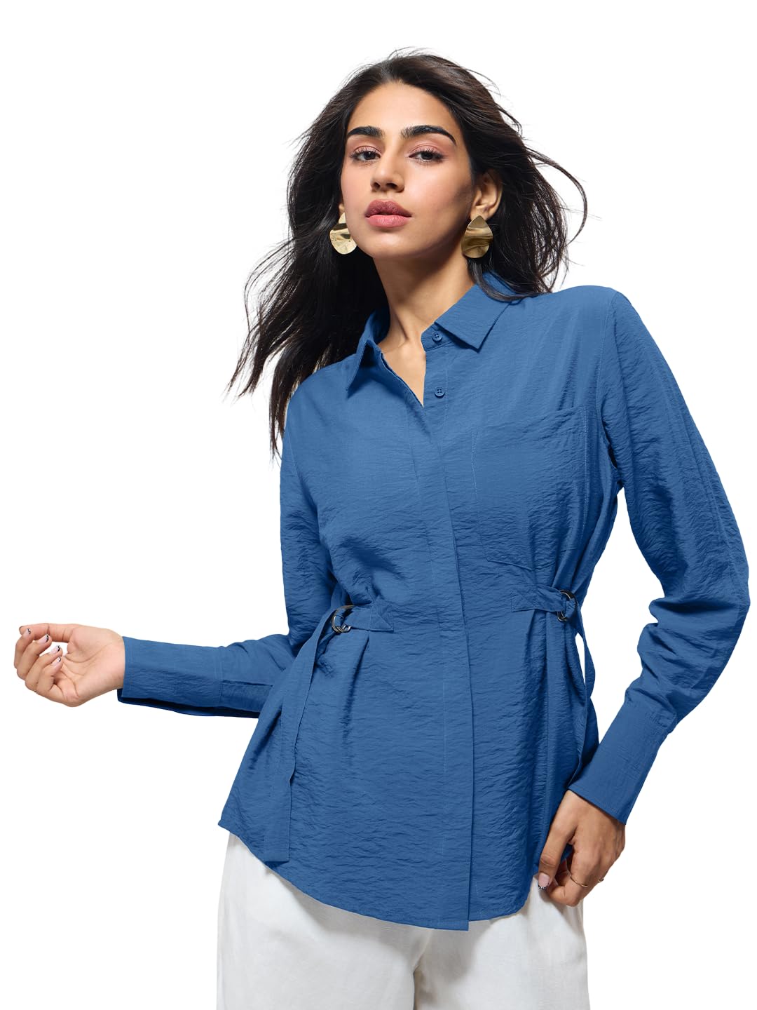 The Souled Store Buckle Shirt: Women and Girls Full Sleeves Spread Collar Solid Textured Viscose Nylon Blend Regular Fit Lightweight Summer-Ready Shirt