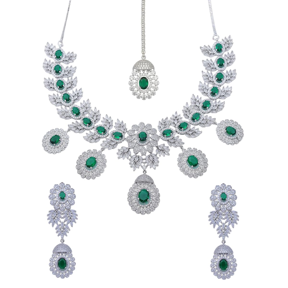 Iksava Rhodium Plated Necklace Set with Earrings American Diamond Bridal Jewellry Set with Earrings / Statement Bridal Jewellry - Ideal for Weddings, Engagement, and Special Occasions for Womens. (Green Silver)