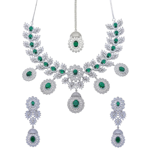 Iksava Rhodium Plated Necklace Set with Earrings American Diamond Bridal Jewellry Set with Earrings / Statement Bridal Jewellry - Ideal for Weddings, Engagement, and Special Occasions for Womens. (Green Silver)
