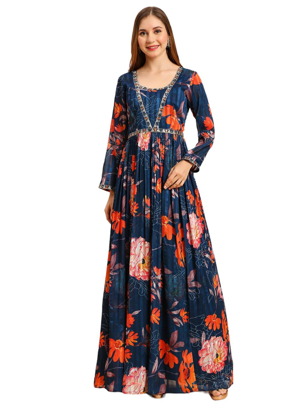 Madhuram Women's Sartin Patta Gown for Women Ethnic with Digital Print and Embroidery Work Long Gown Blue