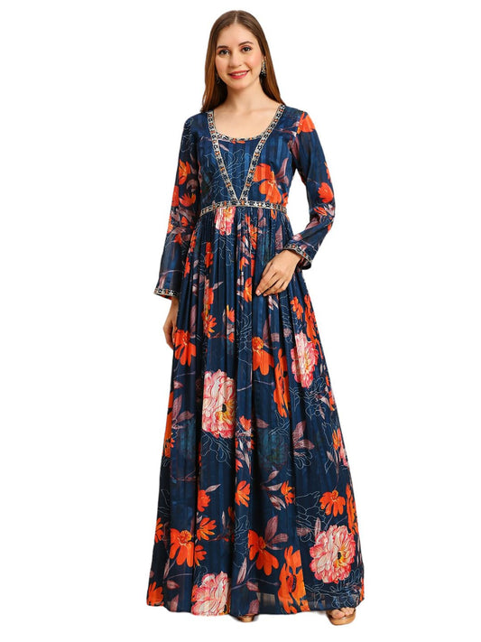 Madhuram Women's Sartin Patta Gown for Women Ethnic with Digital Print and Embroidery Work Long Gown Blue